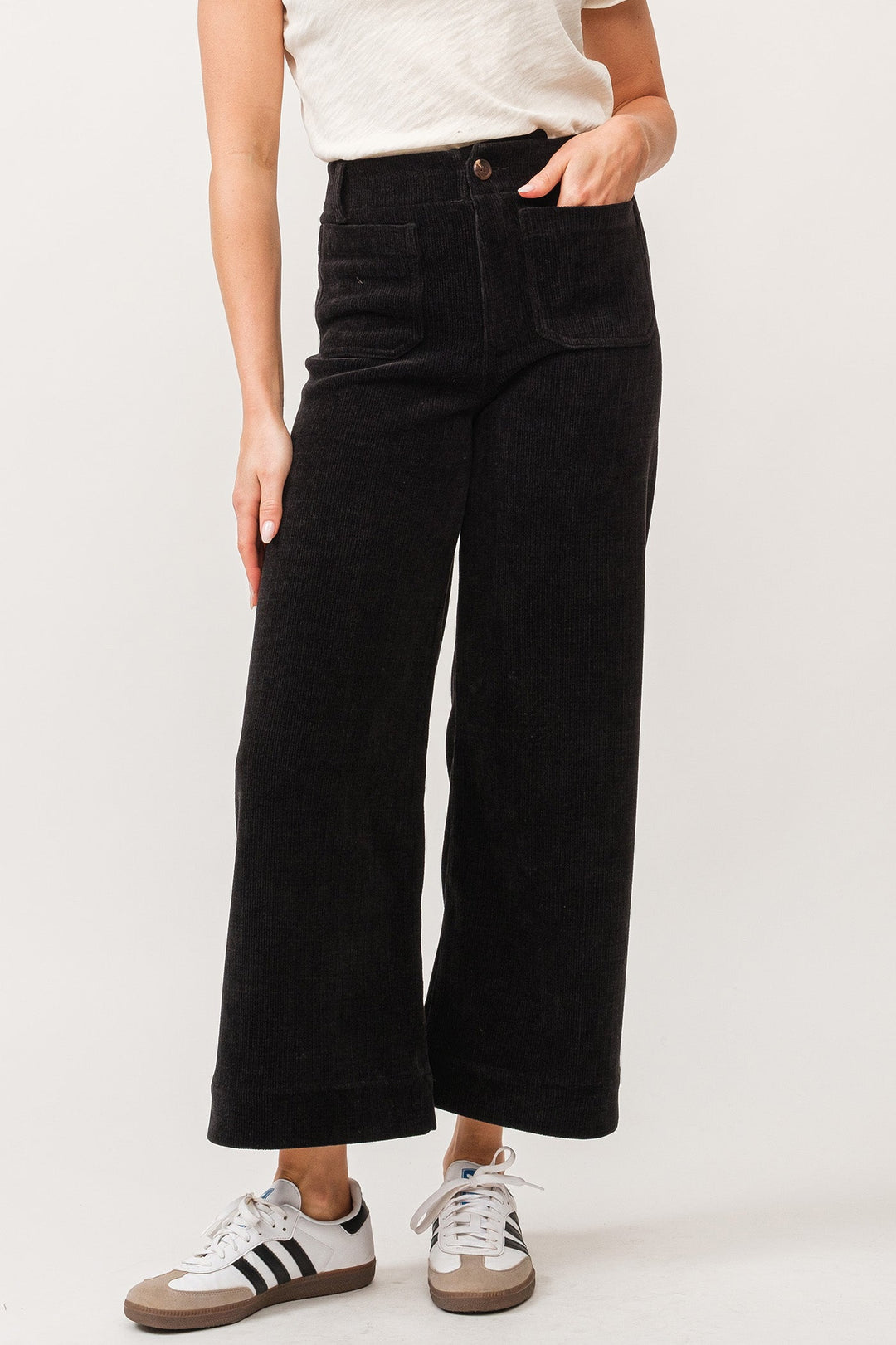 image of a female model wearing a AUDREY HIGH RISE FULL INSEAM PANTS BLACK CHENILLE DEAR JOHN DENIM 