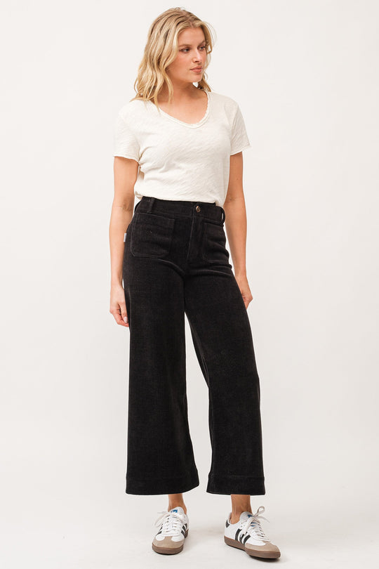 image of a female model wearing a AUDREY HIGH RISE FULL INSEAM PANTS BLACK CHENILLE DEAR JOHN DENIM 