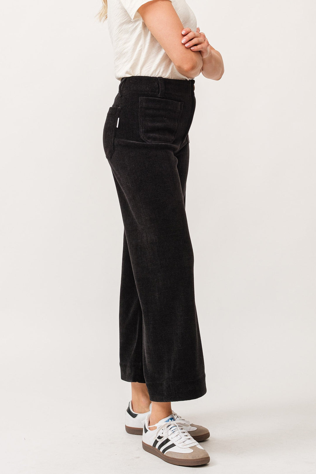 image of a female model wearing a AUDREY HIGH RISE FULL INSEAM PANTS BLACK CHENILLE DEAR JOHN DENIM 