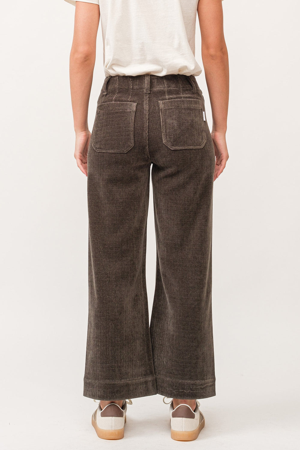 image of a female model wearing a AUDREY HIGH RISE WIDE LEG PANTS DARK OLIVE CHENILLE DEAR JOHN DENIM 