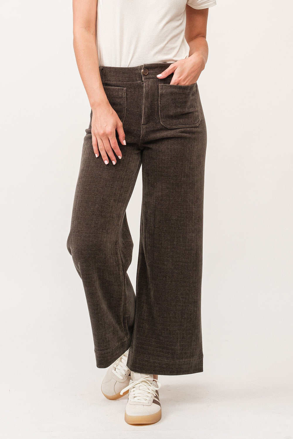 image of a female model wearing a AUDREY HIGH RISE WIDE LEG PANTS DARK OLIVE CHENILLE DEAR JOHN DENIM 