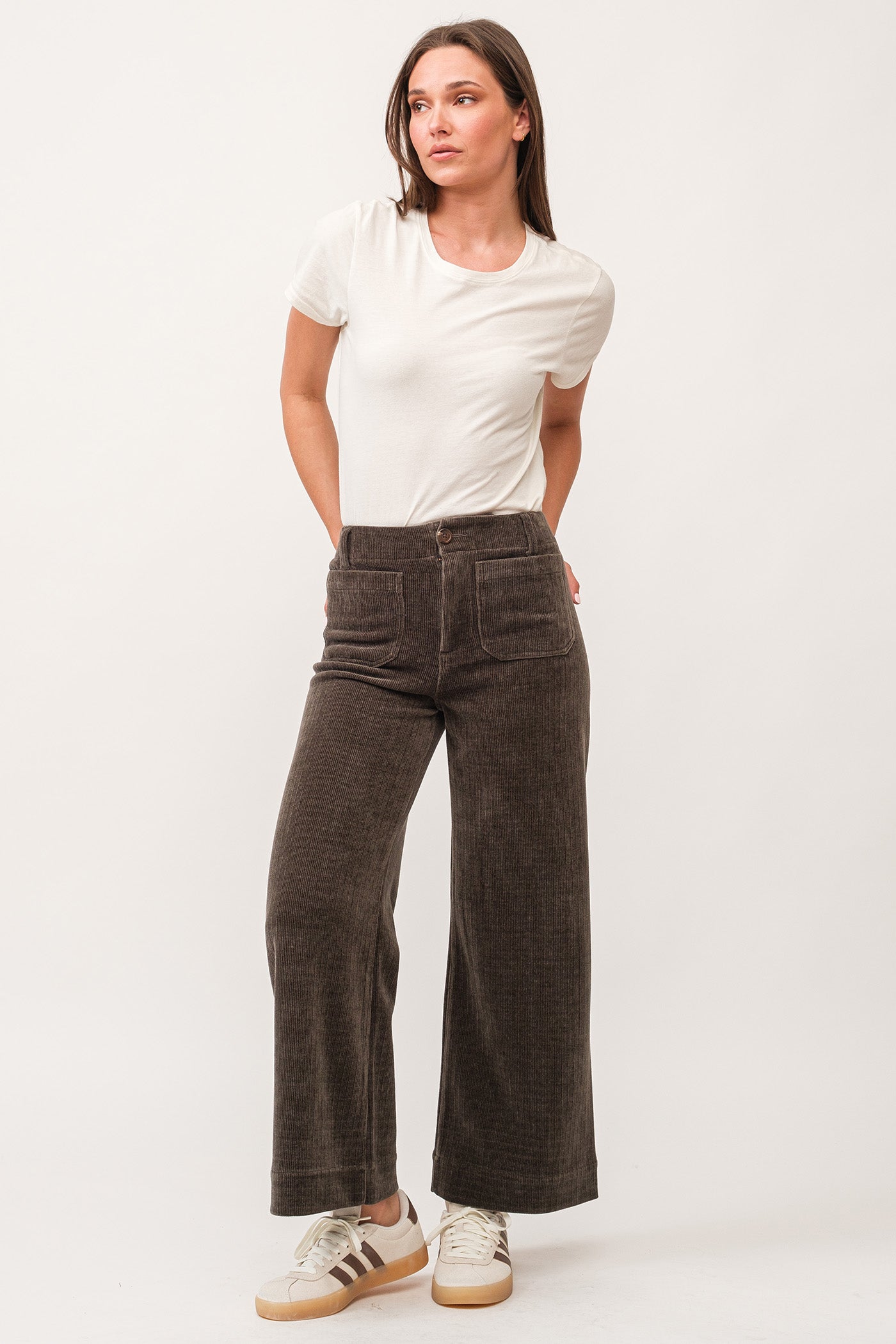 image of a female model wearing a AUDREY HIGH RISE FULL INSEAM PANTS DARK OLIVE CHENILLE DEAR JOHN DENIM 