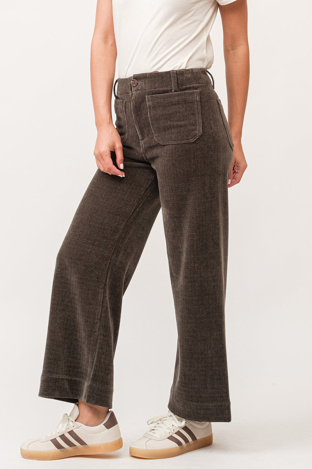 image of a female model wearing a AUDREY HIGH RISE FULL INSEAM PANTS DARK OLIVE CHENILLE DEAR JOHN DENIM 