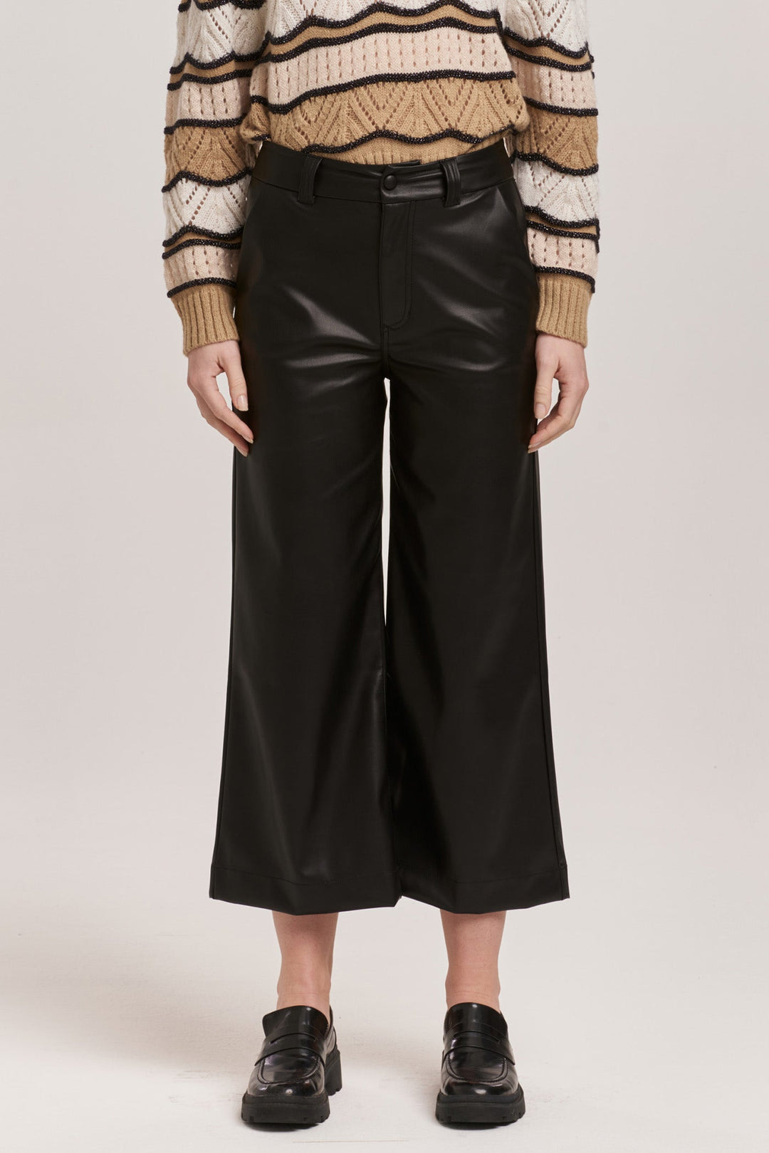 image of a female model wearing a AUDREY SUPER HIGH RISE CROPPED WIDE LEG PANTS BLACK VEGAN LEATHER DEAR JOHN DENIM 