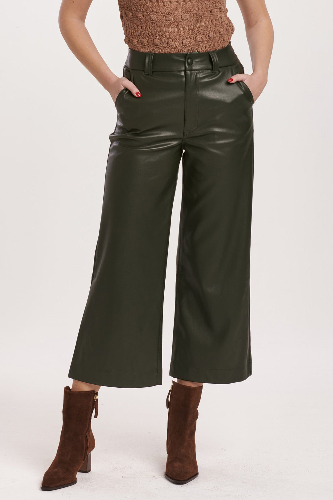 image of a female model wearing a AUDREY SUPER HIGH RISE CROPPED WIDE LEG PANTS HUNTER GREEN VEGAN LEATHER DEAR JOHN DENIM 