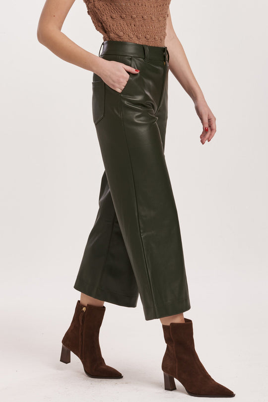 image of a female model wearing a AUDREY SUPER HIGH RISE CROPPED WIDE LEG PANTS HUNTER GREEN VEGAN LEATHER DEAR JOHN DENIM 