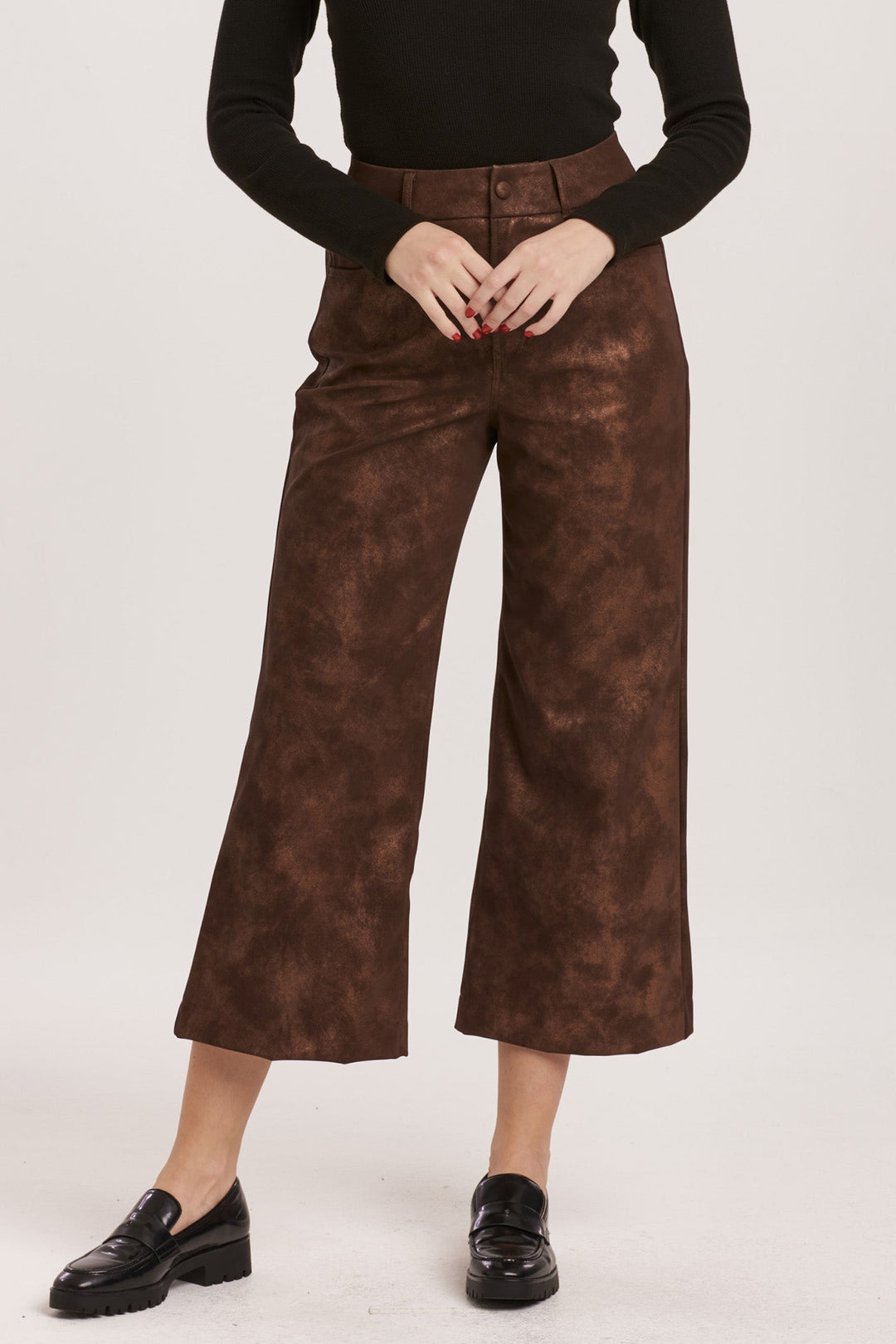 image of a female model wearing a AUDREY SUPER HIGH RISE CROPPED WIDE LEG PANTS BROWN SHIMMER VEGAN LEATHER DEAR JOHN DENIM 