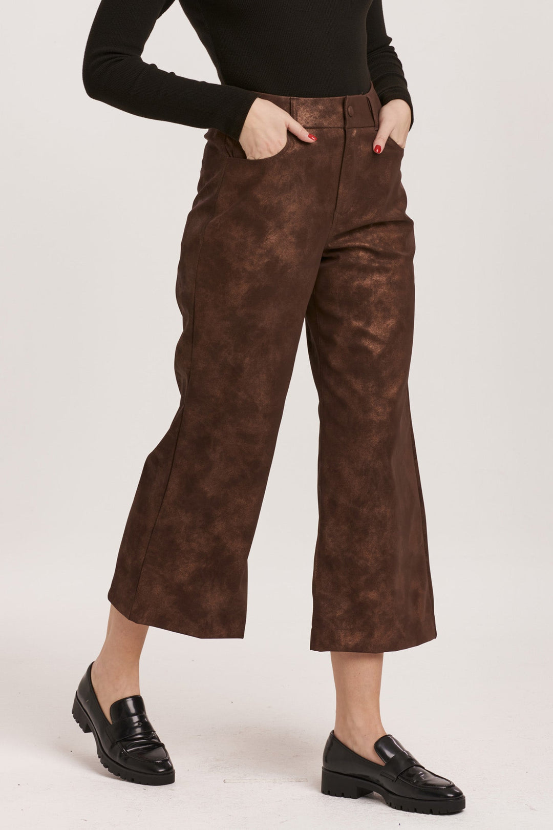 image of a female model wearing a AUDREY SUPER HIGH RISE CROPPED WIDE LEG PANTS BROWN SHIMMER VEGAN LEATHER DEAR JOHN DENIM 