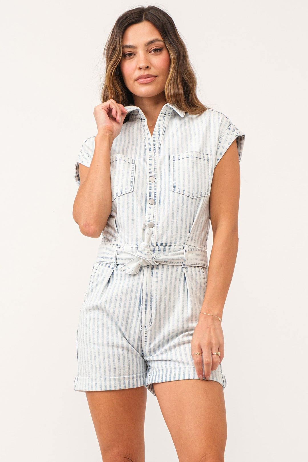 image of a female model wearing a MARLEY COLOR DENIM ROMPER RAILROAD STRIPE DEAR JOHN DENIM 