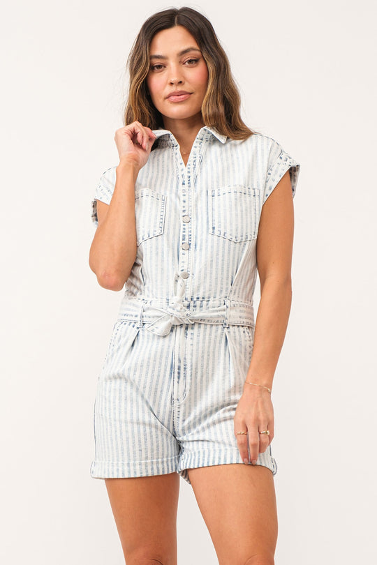 image of a female model wearing a MARLEY COLOR DENIM ROMPER RAILROAD STRIPE DEAR JOHN DENIM 