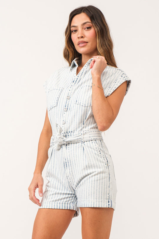 image of a female model wearing a MARLEY COLOR DENIM ROMPER RAILROAD STRIPE DEAR JOHN DENIM 