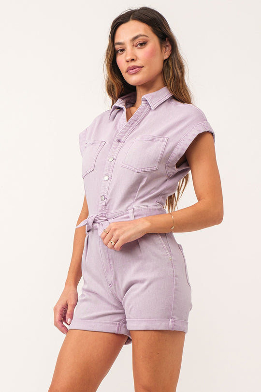 image of a female model wearing a MARLEY COLOR DENIM ROMPER ORCHID PETAL DEAR JOHN DENIM 