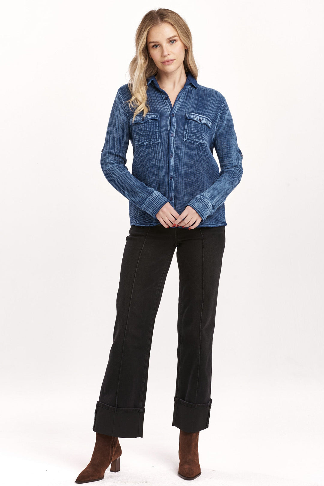 image of a female model wearing a STAR WESTERN SHIRT BLUE LOLTIE GAUZE DEAR JOHN DENIM 