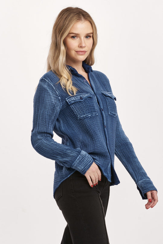 image of a female model wearing a STAR WESTERN SHIRT BLUE LOLTIE GAUZE DEAR JOHN DENIM 