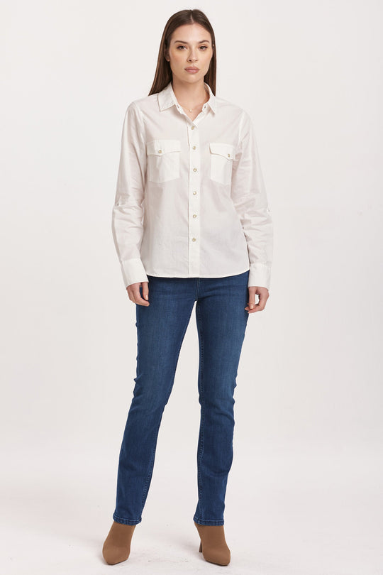 image of a female model wearing a STAR WESTERN SHIRT WHITE DEAR JOHN DENIM 