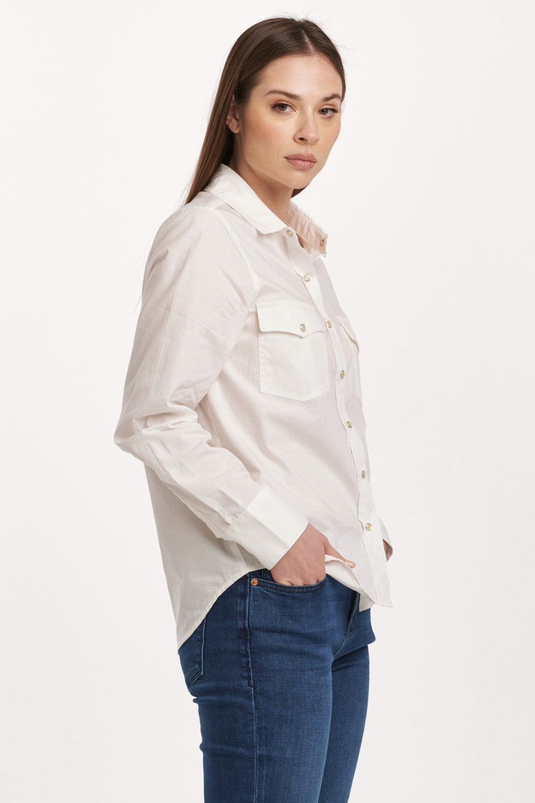 image of a female model wearing a STAR WESTERN SHIRT WHITE DEAR JOHN DENIM 