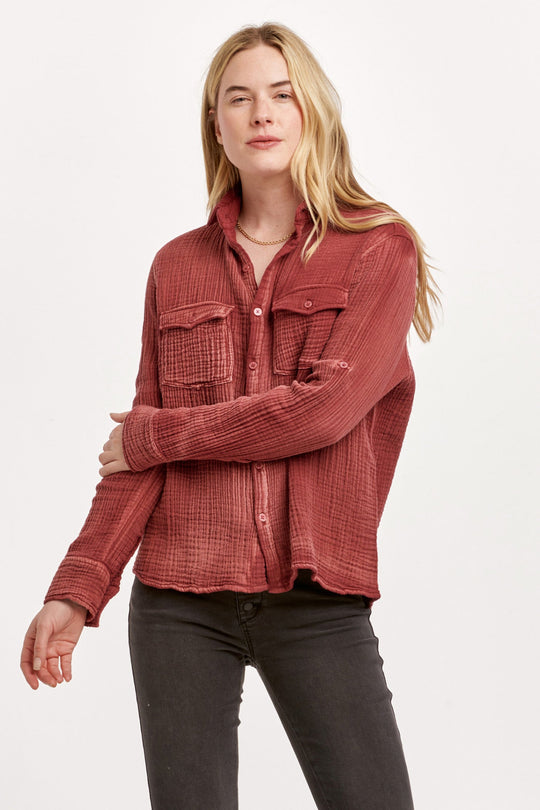 image of a female model wearing a STAR WESTERN SHIRT PLUM BERRY GAUZE DEAR JOHN DENIM 