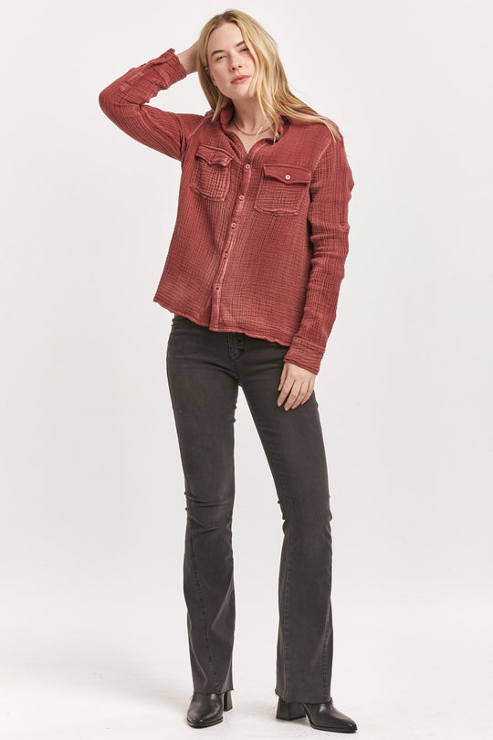 image of a female model wearing a STAR WESTERN SHIRT PLUM BERRY GAUZE DEAR JOHN DENIM 