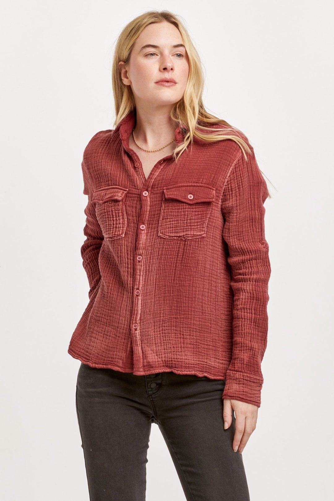 image of a female model wearing a STAR WESTERN SHIRT PLUM BERRY GAUZE DEAR JOHN DENIM 