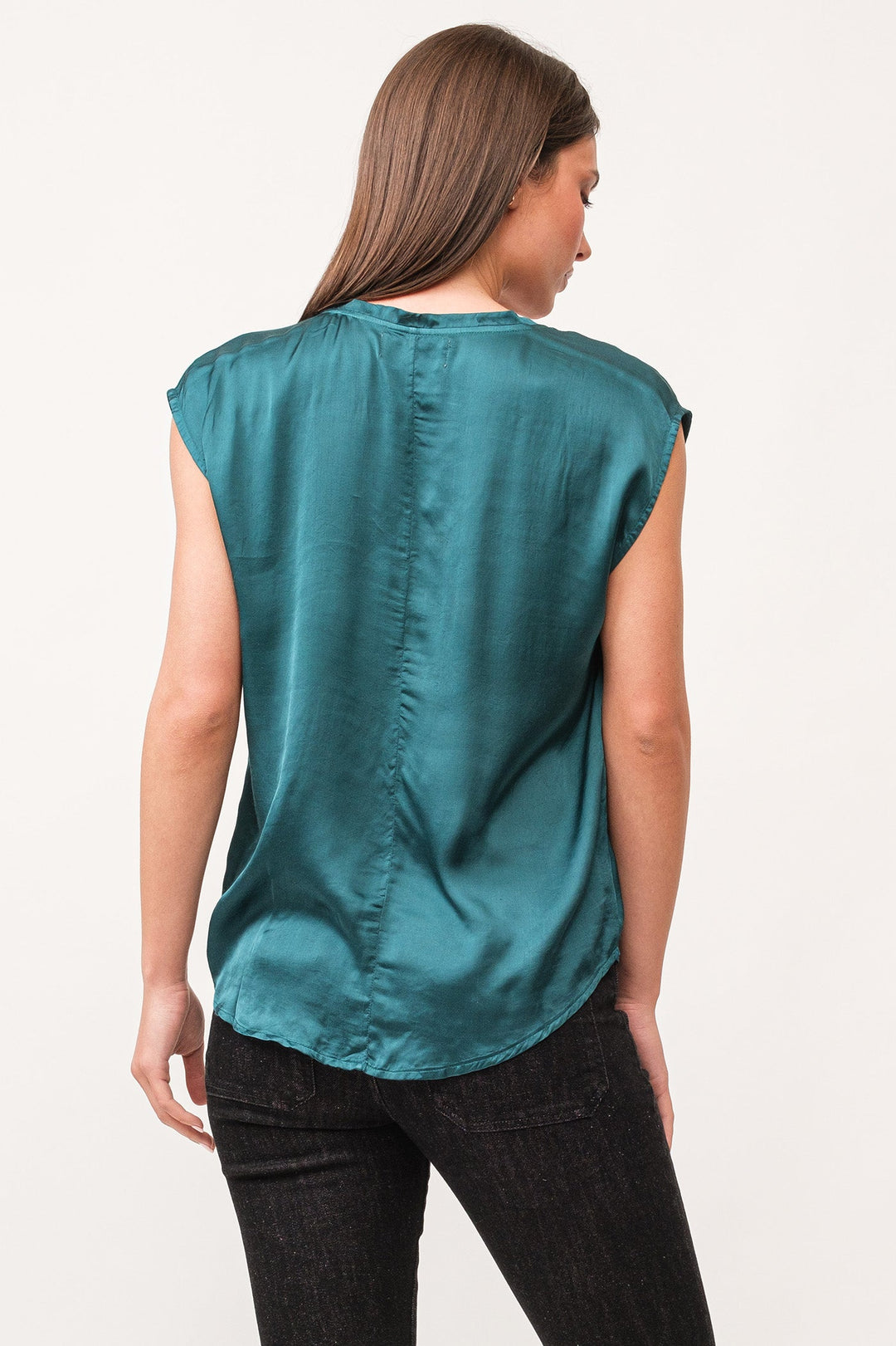 image of a female model wearing a YANIS V-NECK SLEEVELESS TOP DEEP TEAL DEAR JOHN DENIM 