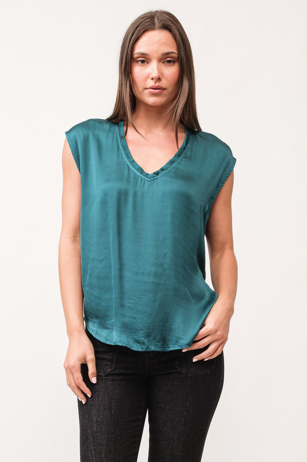 image of a female model wearing a YANIS V-NECK SLEEVELESS TOP DEEP TEAL DEAR JOHN DENIM 