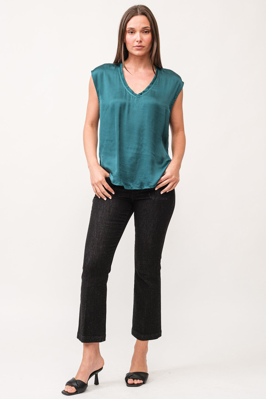 image of a female model wearing a YANIS V-NECK SLEEVELESS TOP DEEP TEAL DEAR JOHN DENIM 