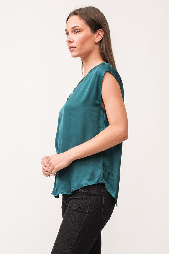 image of a female model wearing a YANIS V-NECK SLEEVELESS TOP DEEP TEAL DEAR JOHN DENIM 