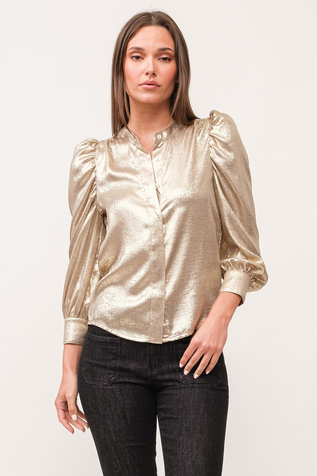 image of a female model wearing a ROWAN HIDDEN PLACKET 3/4 SLEEVE CLASSIC FIT SHIRT GOLD METALLIC DEAR JOHN DENIM 