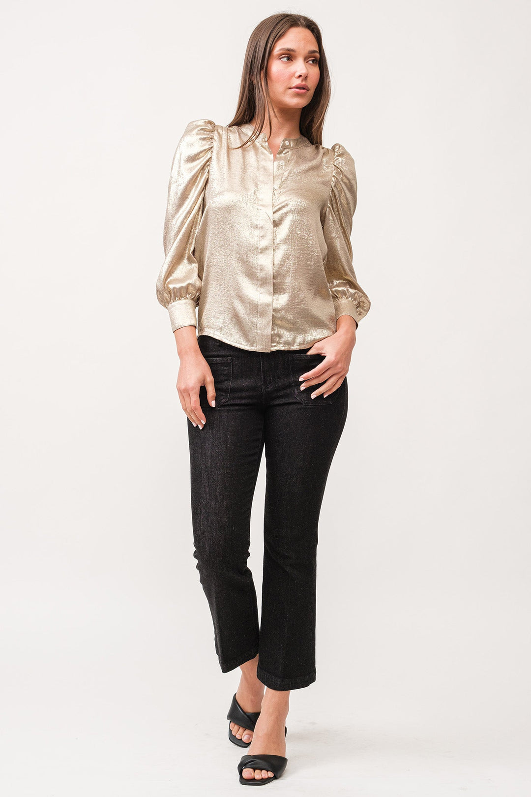 image of a female model wearing a ROWAN HIDDEN PLACKET 3/4 SLEEVE CLASSIC FIT SHIRT GOLD METALLIC DEAR JOHN DENIM 