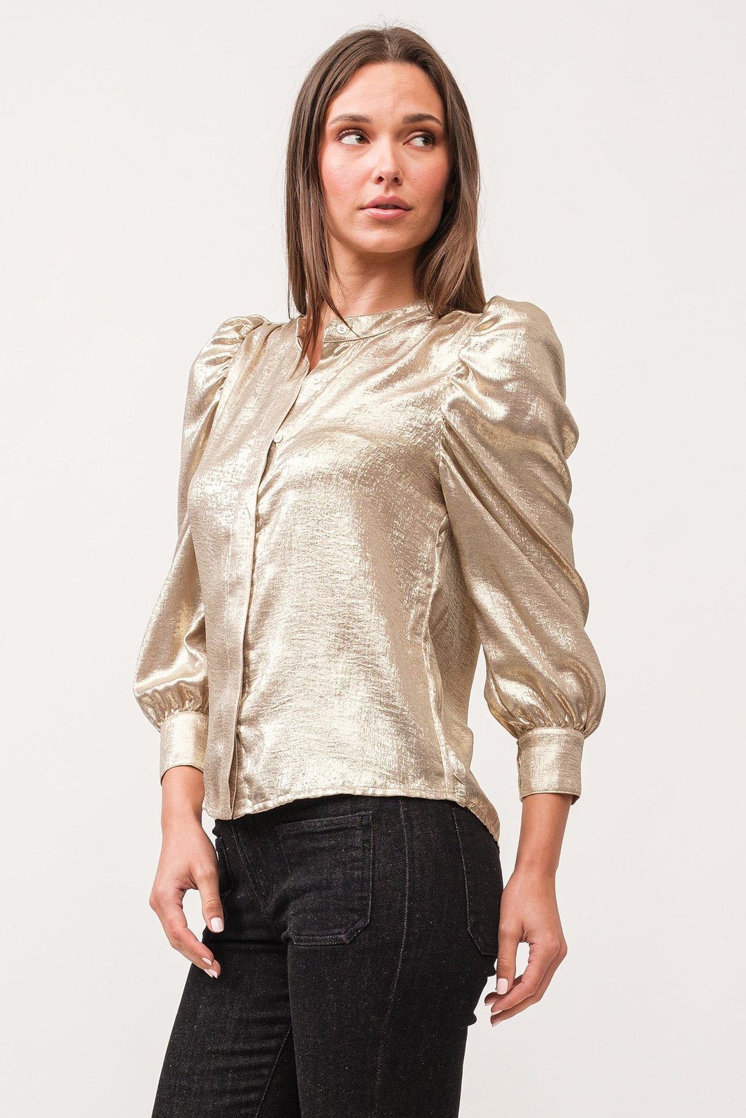 image of a female model wearing a ROWAN HIDDEN PLACKET 3/4 SLEEVE CLASSIC FIT SHIRT GOLD METALLIC DEAR JOHN DENIM 