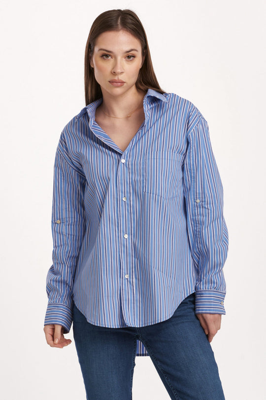 image of a female model wearing a LOLA OVERSIZED SHIRT BLUE LINES DEAR JOHN DENIM 