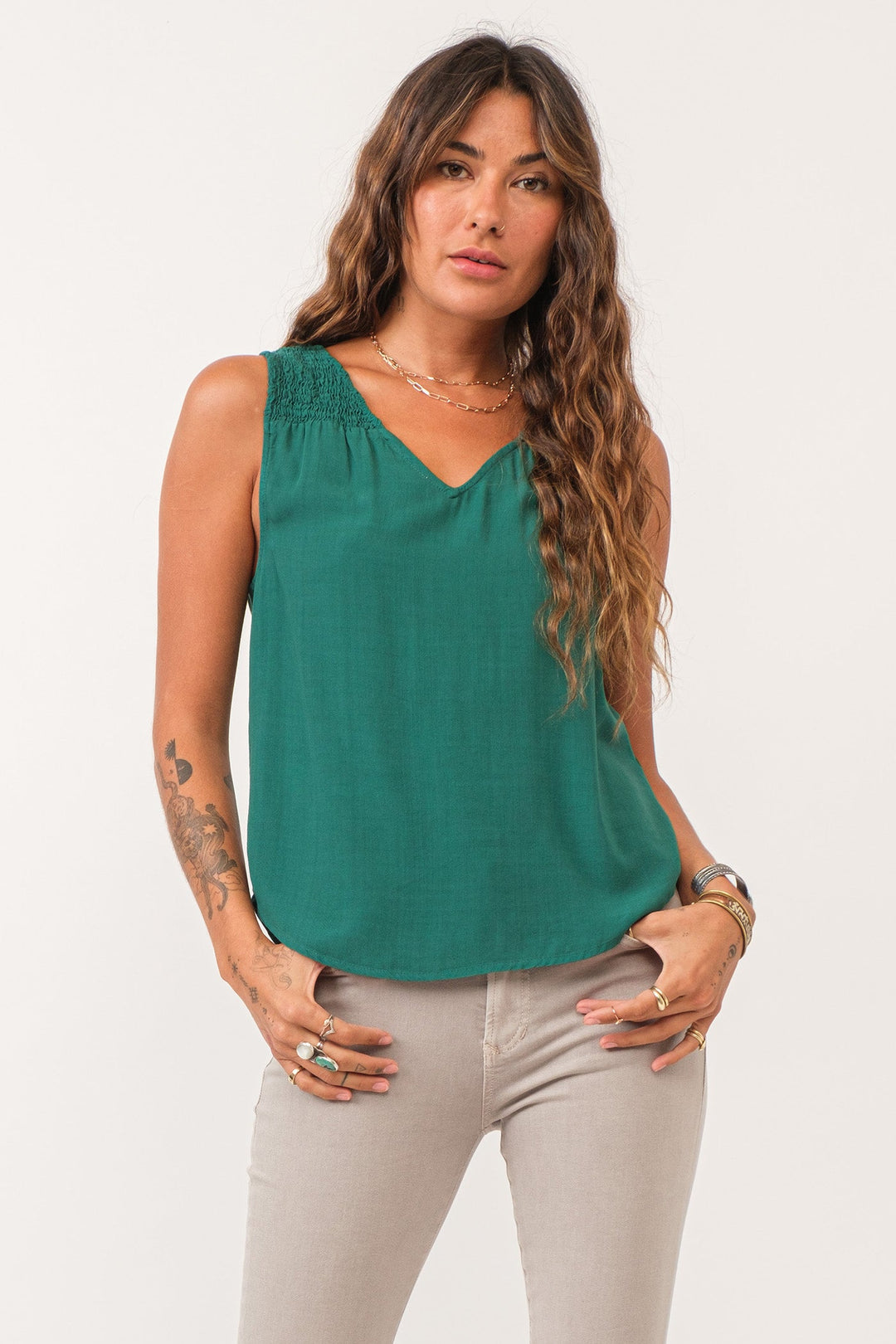 image of a female model wearing a PAIGE RUCHED DETAIL TANK GALAPAGOS GREEN DEAR JOHN DENIM 