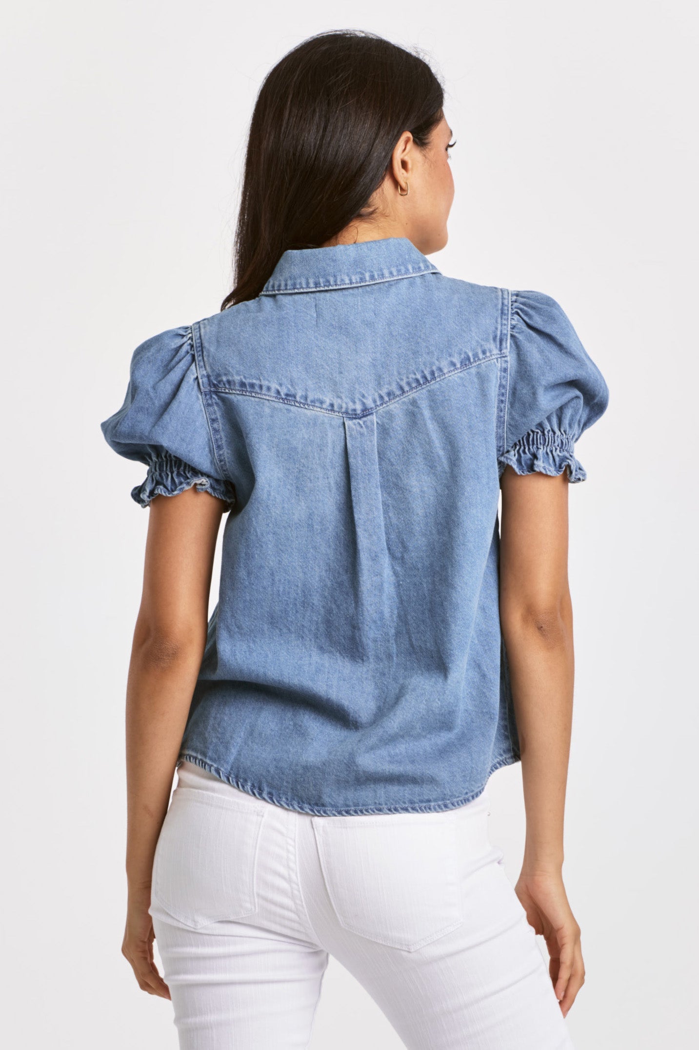 image of a female model wearing a GALA PUFF SLEEVE SHIRT MACAPA DEAR JOHN DENIM 