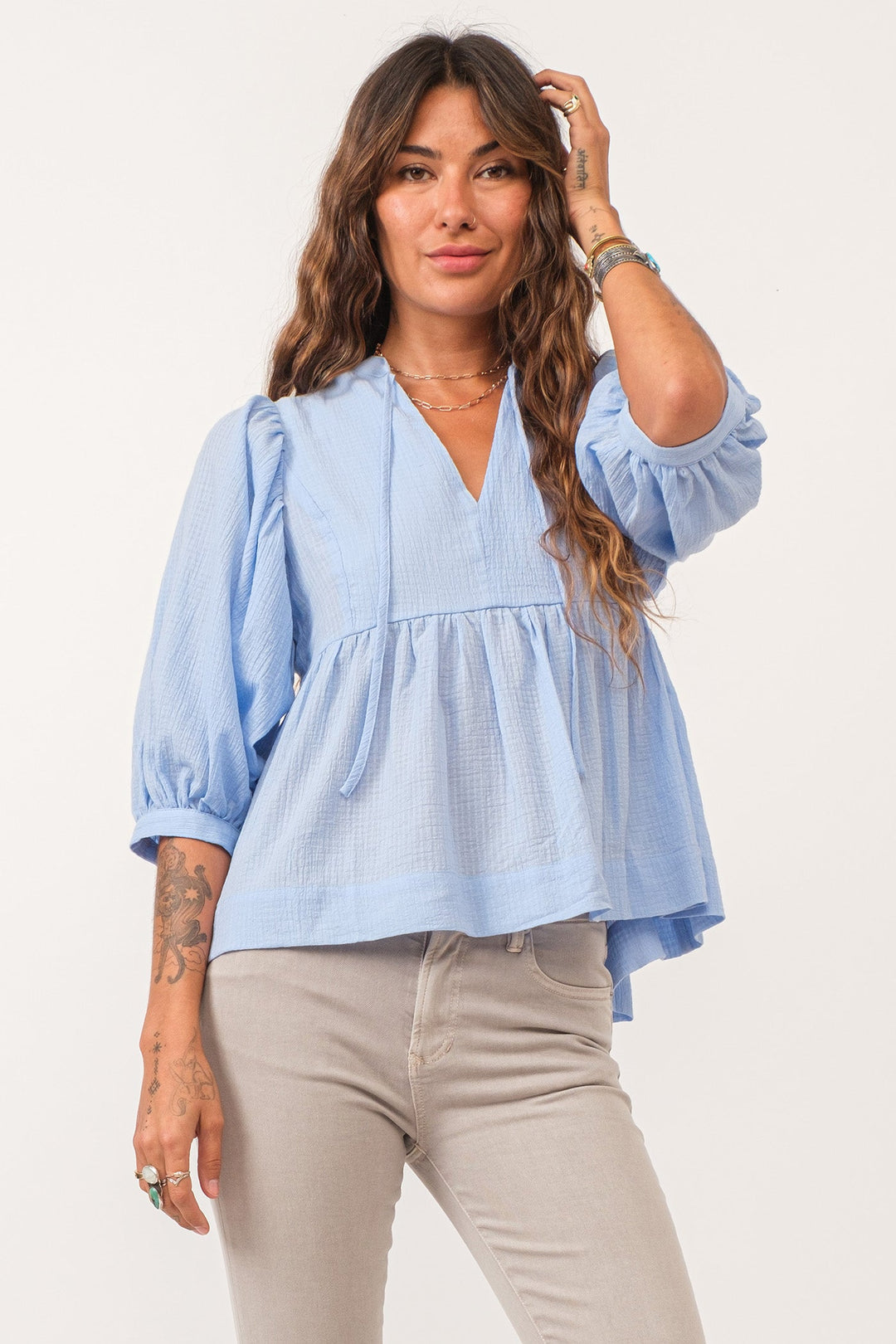 image of a female model wearing a MALIA V-NECK TOP ICE BLUE DEAR JOHN DENIM 