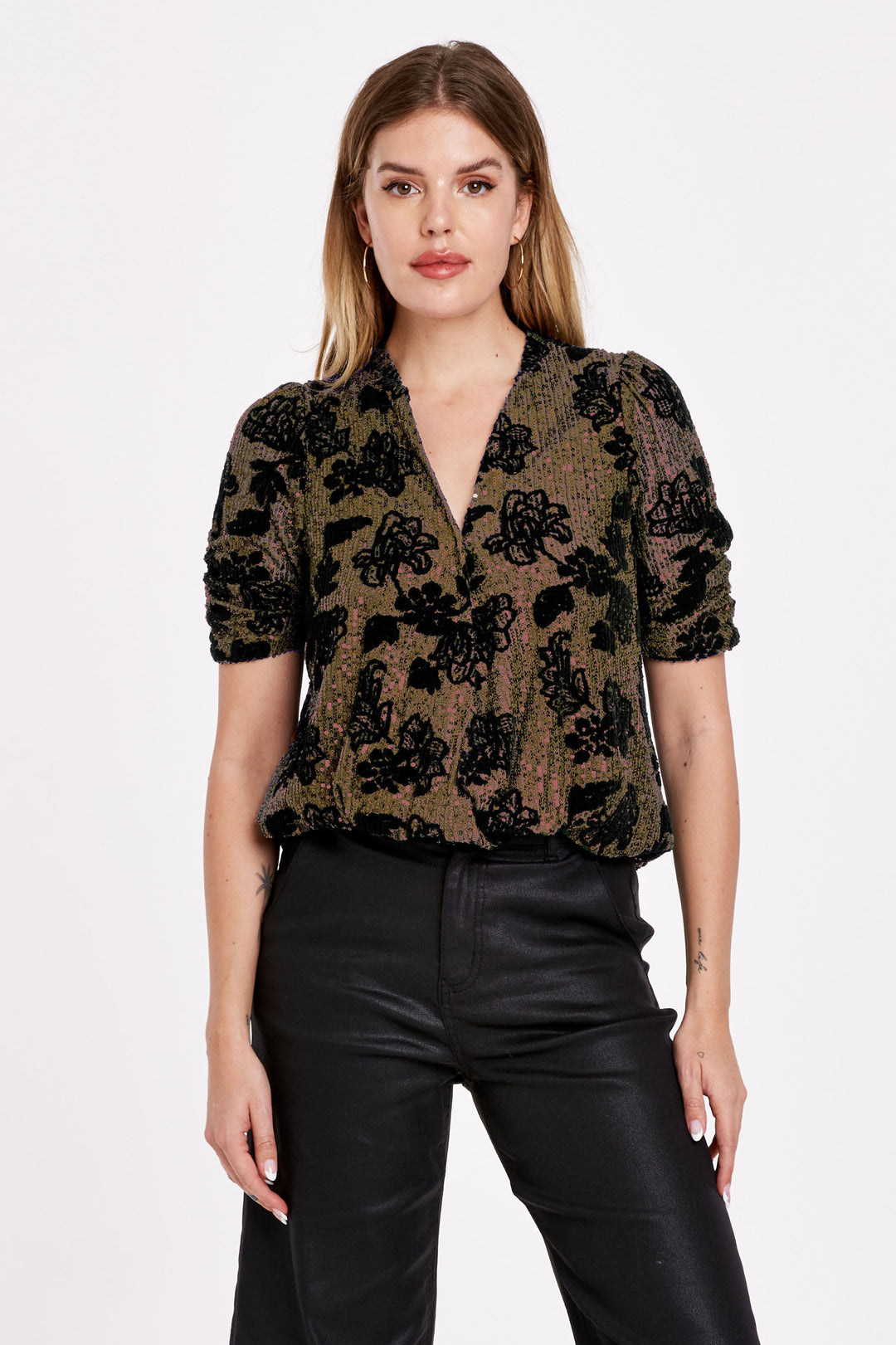 YAZMINE FRONT WRAP TOP ROSE GOLD LILLY SEQUIN