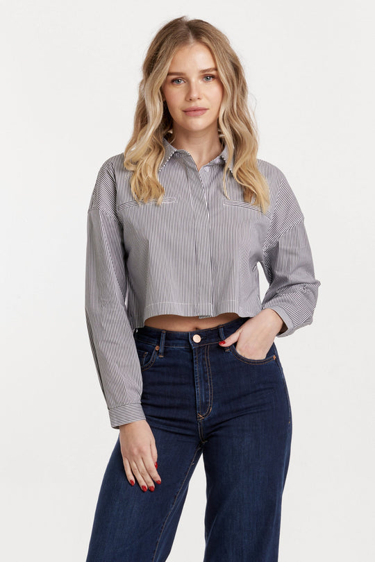 image of a female model wearing a ARIANNA CROPPED FRONT TIE SHIRT BLACK STRIPE DEAR JOHN DENIM 