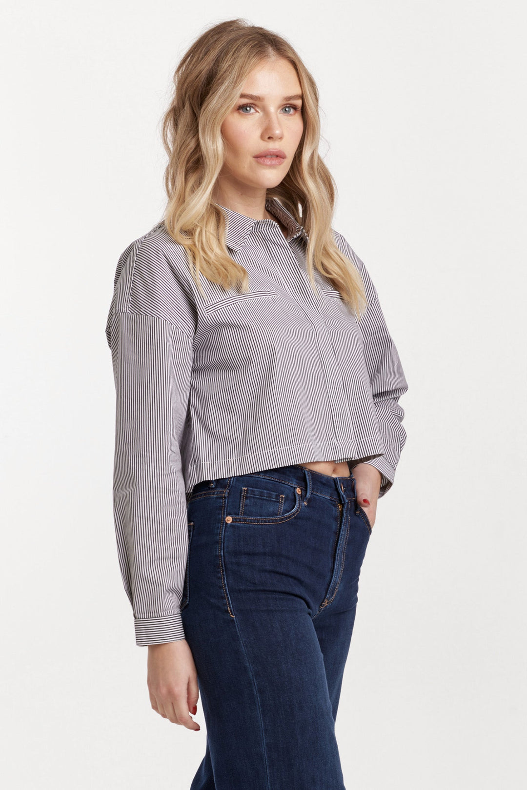 image of a female model wearing a ARIANNA CROPPED FRONT TIE SHIRT BLACK STRIPE DEAR JOHN DENIM 