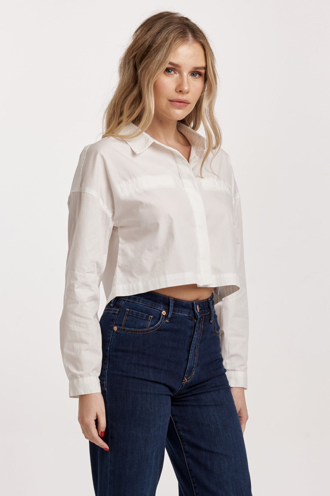 image of a female model wearing a ARIANNA CROPPED FRONT TIE SHIRT WHITE DEAR JOHN DENIM 