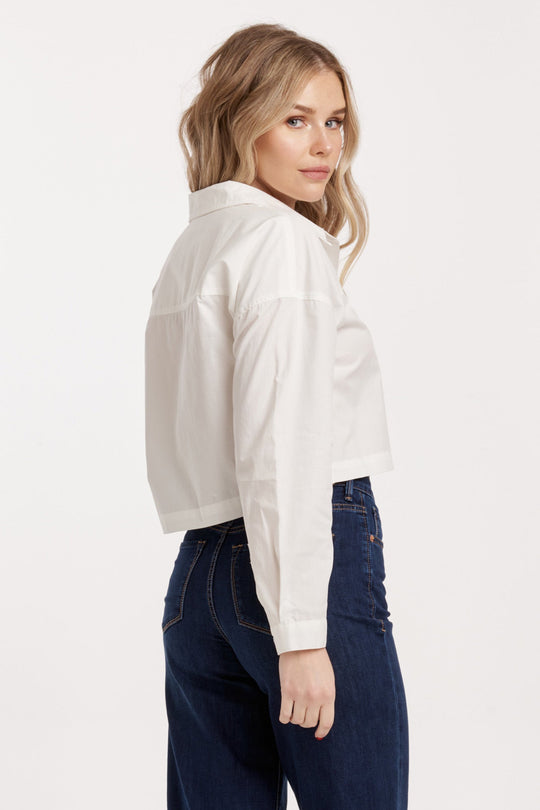 image of a female model wearing a ARIANNA CROPPED FRONT TIE SHIRT WHITE DEAR JOHN DENIM 