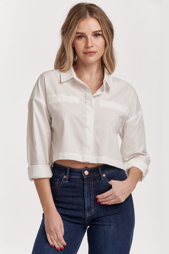 image of a female model wearing a ARIANNA CROPPED FRONT TIE SHIRT WHITE DEAR JOHN DENIM 