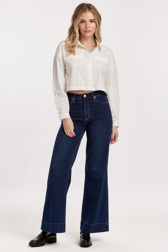 image of a female model wearing a ARIANNA CROPPED FRONT TIE SHIRT WHITE DEAR JOHN DENIM 