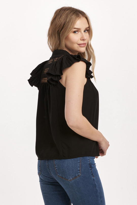 image of a female model wearing a ANNALISE PETAL SLEEVE TOP BLACK DEAR JOHN DENIM 