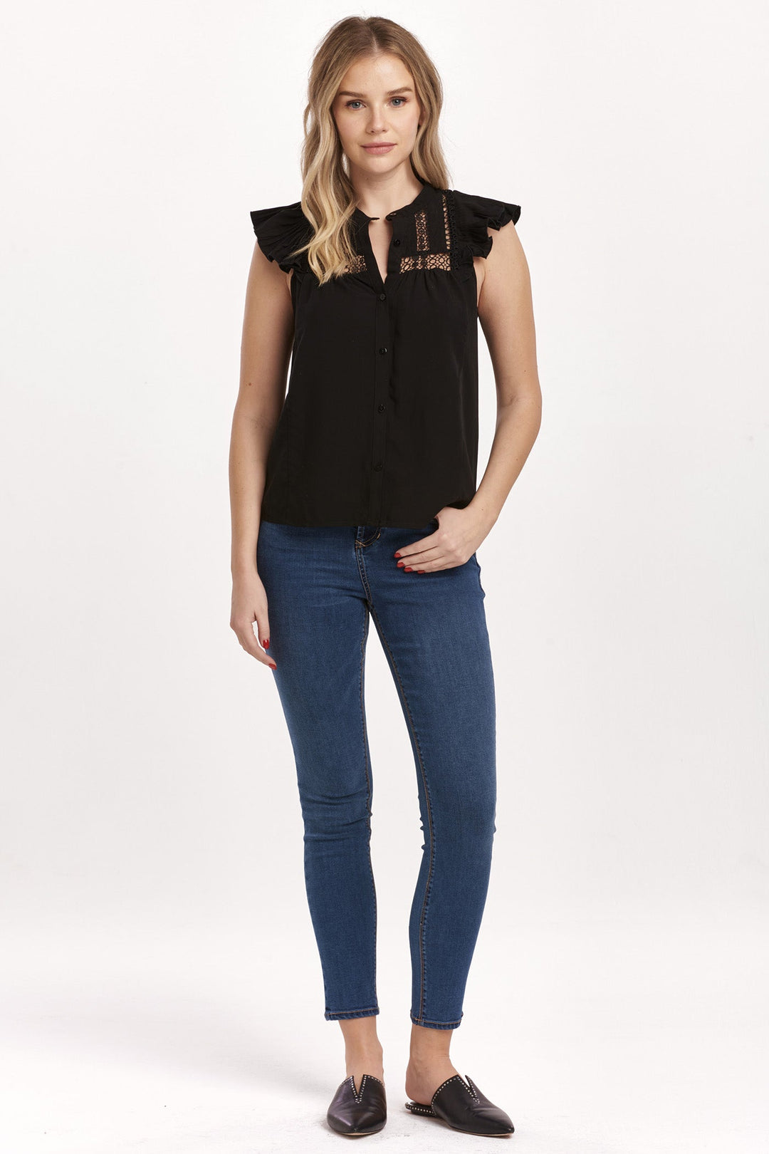 image of a female model wearing a ANNALISE PETAL SLEEVE TOP BLACK DEAR JOHN DENIM 