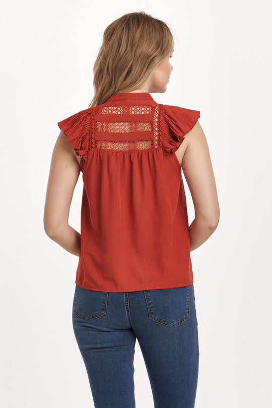 image of a female model wearing a ANNALISE PETAL SLEEVE TOP CRIMSON DEAR JOHN DENIM 