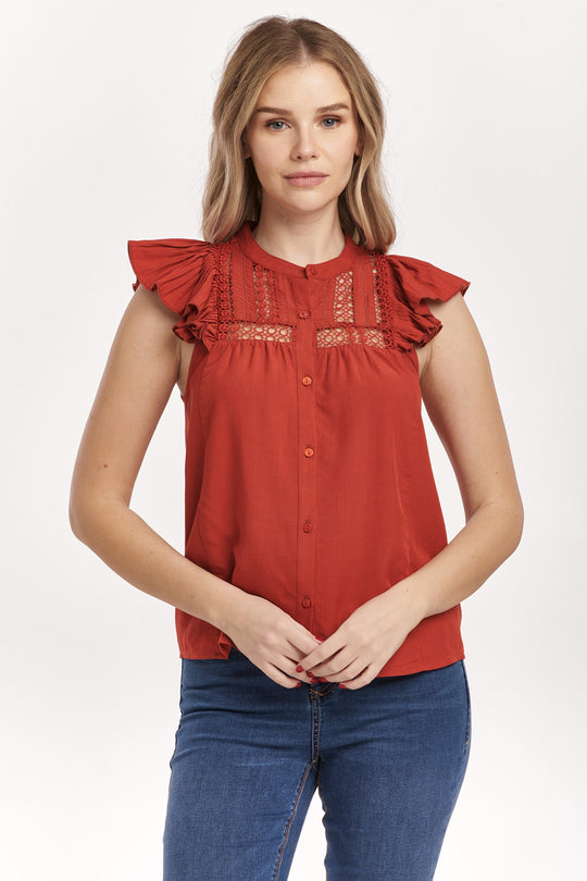 image of a female model wearing a ANNALISE PETAL SLEEVE TOP CRIMSON DEAR JOHN DENIM 