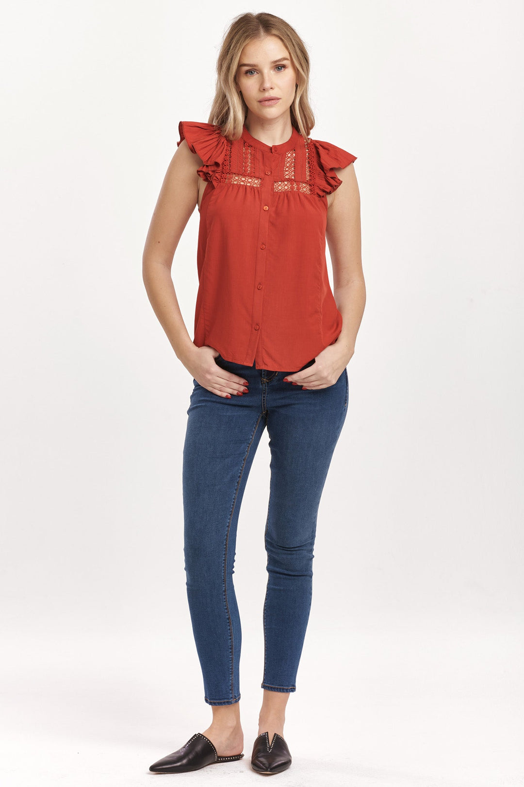 image of a female model wearing a ANNALISE PETAL SLEEVE TOP CRIMSON DEAR JOHN DENIM 