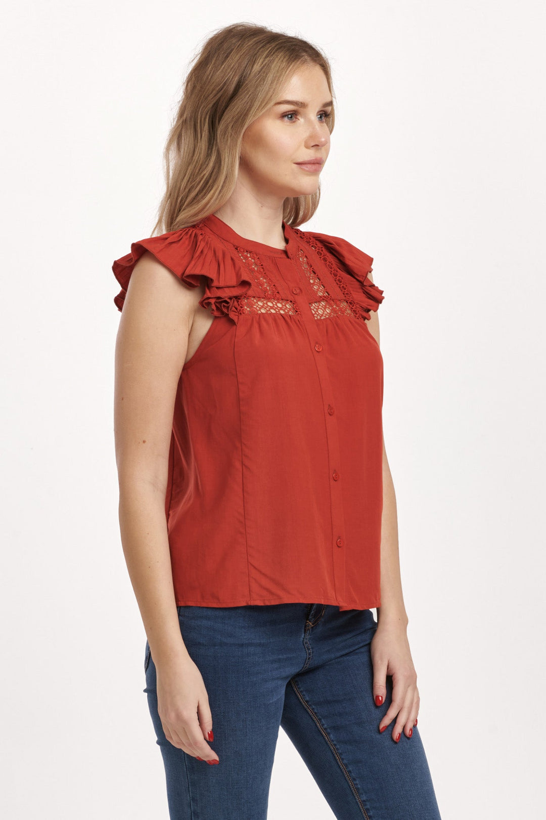 image of a female model wearing a ANNALISE PETAL SLEEVE TOP CRIMSON DEAR JOHN DENIM 