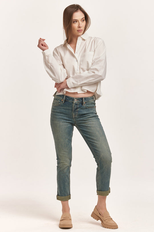 image of a female model wearing a MARIBEL BACK PLEAT SHIRT WHITE DEAR JOHN DENIM 