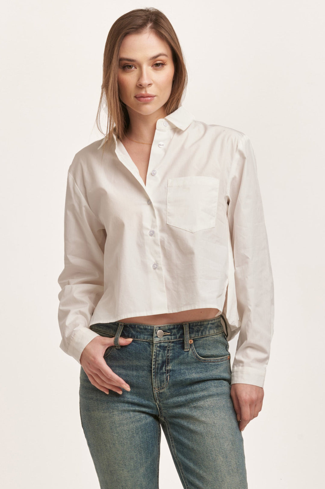 image of a female model wearing a MARIBEL BACK PLEAT SHIRT WHITE DEAR JOHN DENIM 