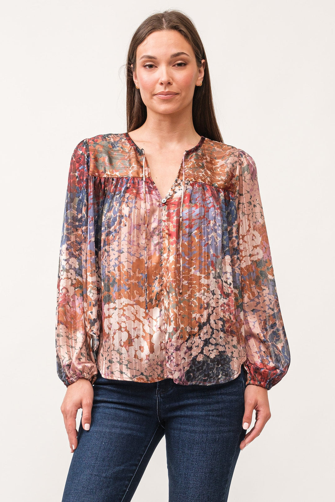 image of a female model wearing a ALESSIA V-NECK LONG SLEEVE RELAXED FIT TOP TINSEL GARDEN DEAR JOHN DENIM 